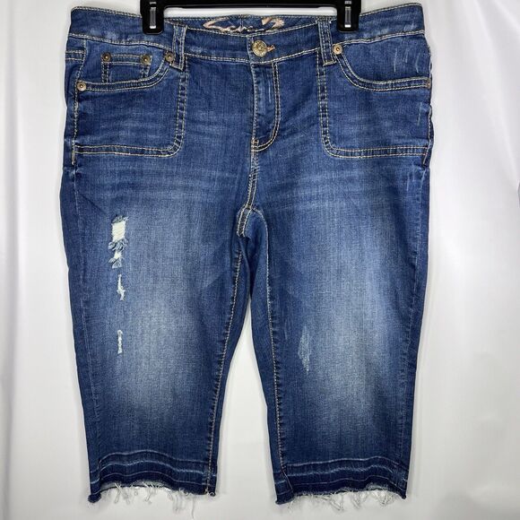 7 For All Mankind Luxe Women’s Distressed Dark Mid Rise Raw Edge Capri Size 16 - Picture 1 of 8